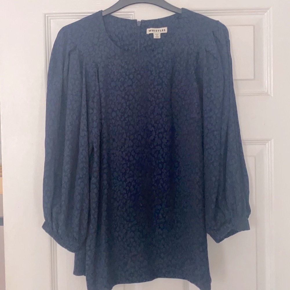 WHISTLES LONDON BLUE BLACK LEOPARD ANIMAL PRINT BALLOON SLEEVE BLOUSE US4